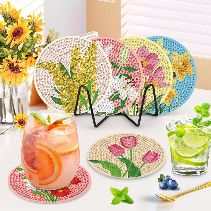 NAIMOER 8 Stück Blumen Diamond Painting Untersetzer mit Halter, DIY Landschaft Diamant Tassenunterse