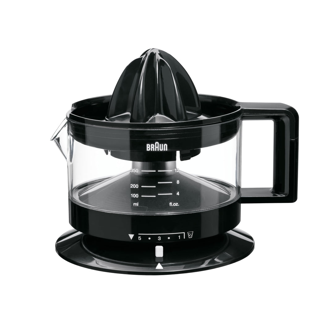 Braun CJ3000 BK Zitruspresse mit Schale präzisionskalibrierung 350 ml, Anzahl Fruchtfleisch dimmbar,