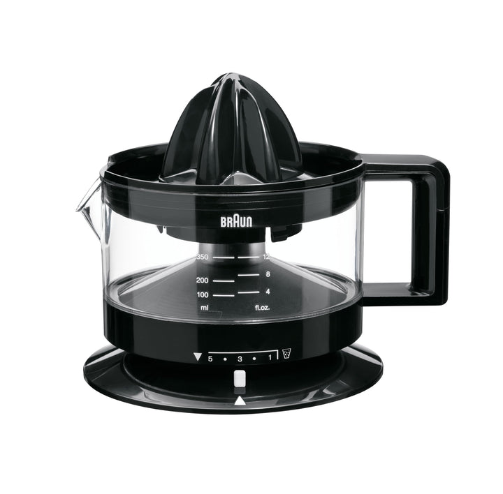 Braun CJ3000 BK Zitruspresse mit Schale präzisionskalibrierung 350 ml, Anzahl Fruchtfleisch dimmbar,