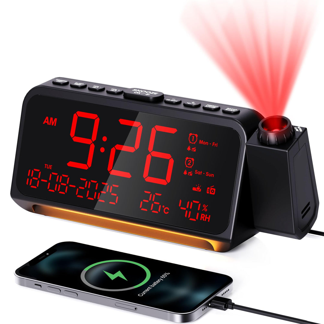Radiowecker Digital, Projektionswecker, FM Radio und Auto-Off-Timer, 320°Projektor mit Dimmer, Woche