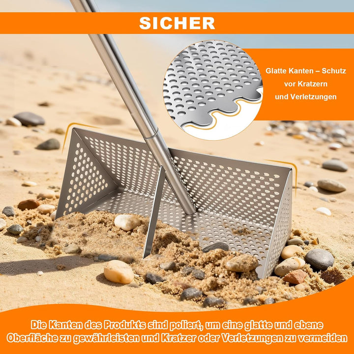 Strandrechen, Sandflohharke Set Aus Edelstahl, Abnehmbarer Langer Stiel | Mit Eimer, Handschuhe, Sch