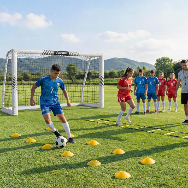 Fussballtor für den Garten, 240 x 160 cm, robustes Fussballnetz mit sicherheitsgepolsterten Metallpf
