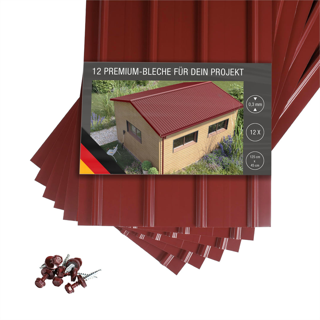 SMART Cover Set H12 Plus, 12 x Trapez-Abdeckblech 125 x 45 cm 6,75 m² inkl. Schrauben (Rot), Rot