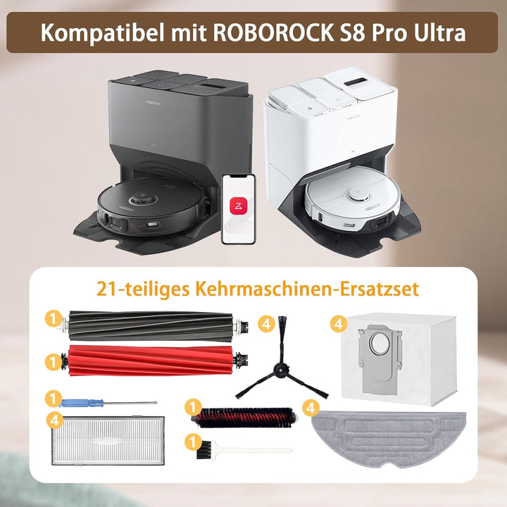 iRobacc 21 Stück Zubehörset für Roborock S8 PRO Ultra Ersatzteile 2 Rollenbürste 4 Seitenbürsten 4 S
