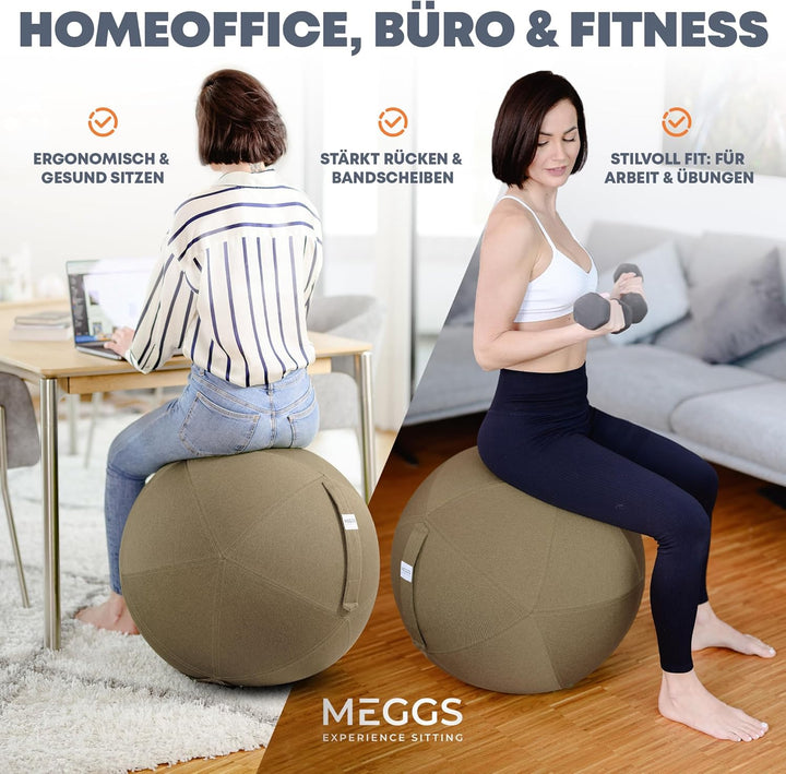 MEGGS® Stoff-Sitzball 65cm, Ergonomisch Sitzen im Büro & Zuhause, [Wegrollschutz & Platz-Sicher], Pe