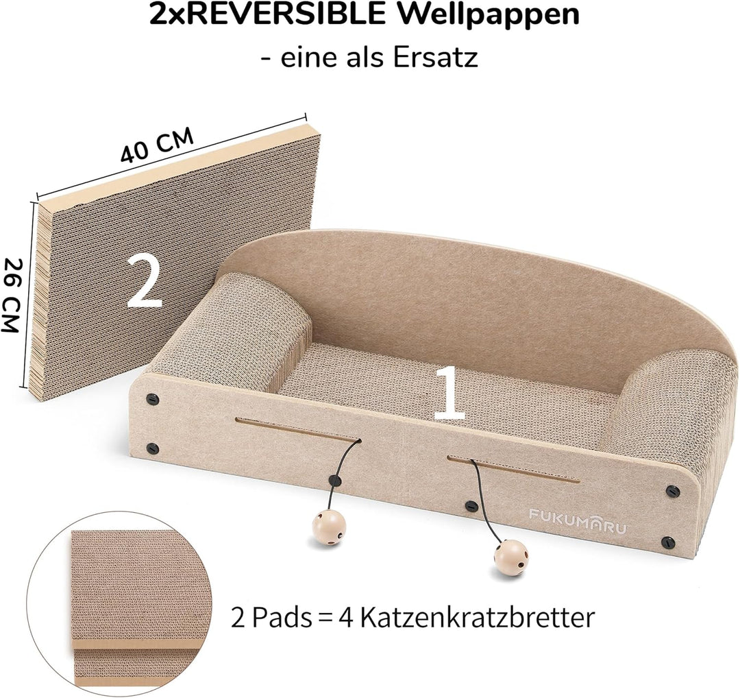 FUKUMARU Kratzbrett Katzen, 66CM langlebiges Kratzpappe und Filz, grosse Liege, 2 wendbare Katzenkra