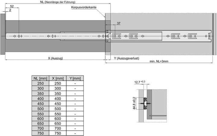 SOTECH 4 Paar (8 Stück) Vollauszüge KV3-45-H45-L400-NF schwarz 400 mm (eingeschoben) Schubladenauszu