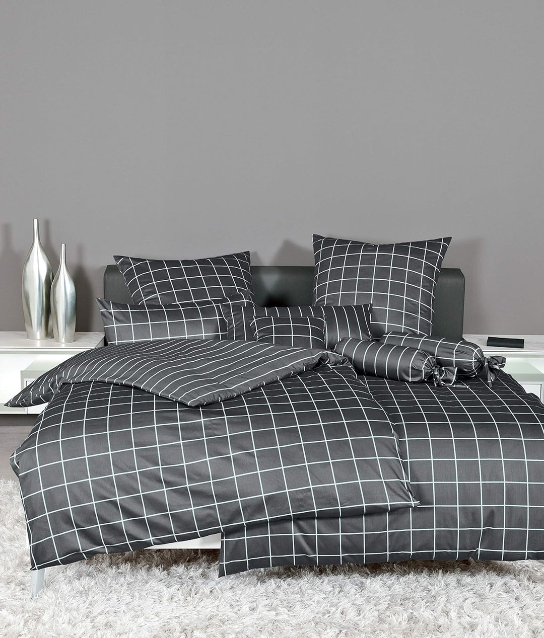 Janine Mako Satin Bettwäsche modernclassic 155 x 220 cm anthrazit Fb. 48 155 cm x 220 cm Anthrazit,