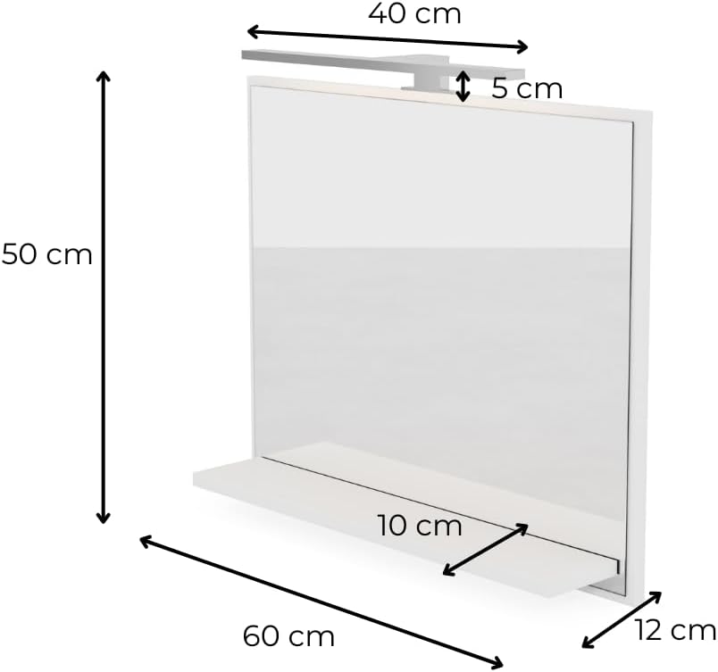 Badspiegel IP44 mit Beleuchtung und Ablage, Weiss Badezimmer Wandspiegel 60 cm, Badezimmerspiegel Ba