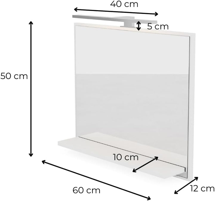 Badspiegel IP44 mit Beleuchtung und Ablage, Weiss Badezimmer Wandspiegel 60 cm, Badezimmerspiegel Ba