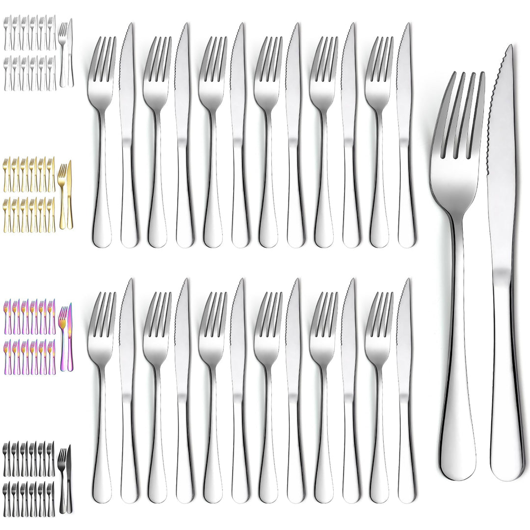 Evanda Steakbesteck 24 teilig, Edelstahl 12 Tafelgabeln und 12 Tafelmesser Set, Steakmesser Steakgab