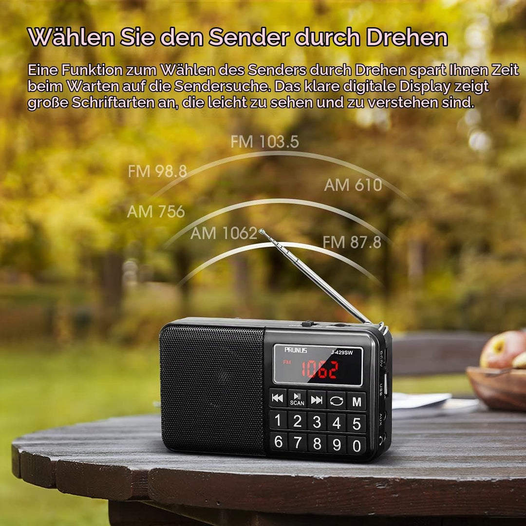 PRUNUS J-429SW Tragbares Radio klein FM/AM(MW)/SW,Grosse Gummierte Knöpfe&amp;Display Digital Radio für