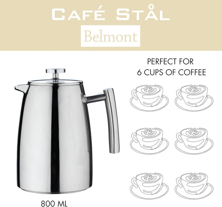 Café Stål Belmont Doppelwandiger Kaffeebereiter aus hochwertigem 18/10 Edelstahl – 6 Mokktassen, 800
