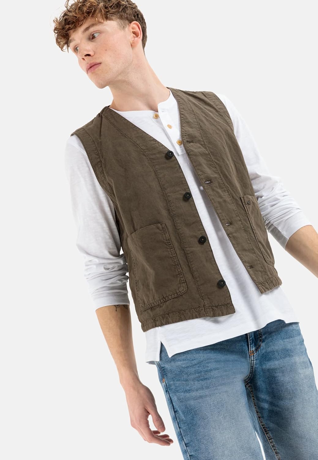 camel active Herren Casual Weste aus einem Baumwoll-Leinenmix 48 Oliv Braun, 48 Oliv Braun