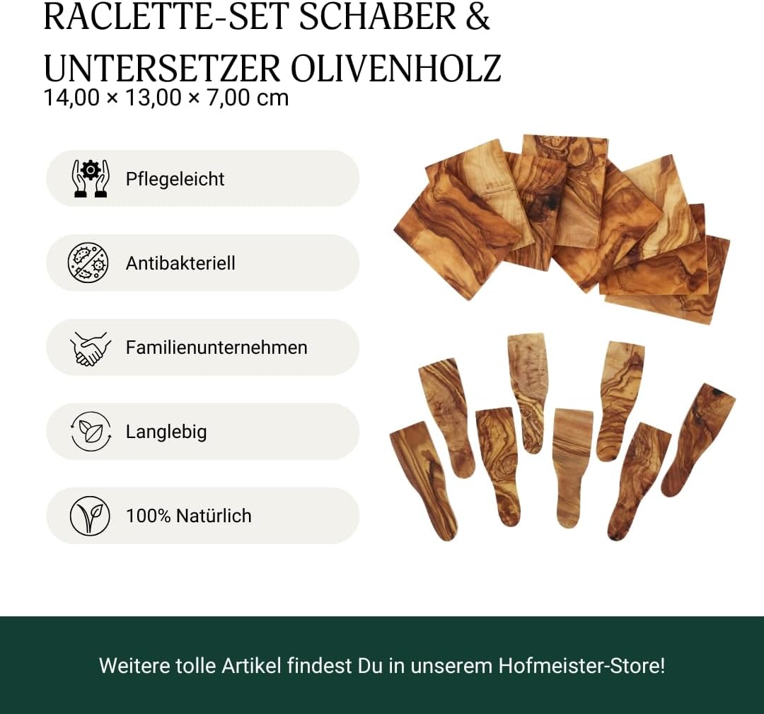 HOFMEISTER® Edles Raclette-Set, 16-teilig, 8x Raclette-Schaber und 8x Raclette-Brettchen, aus Oliven