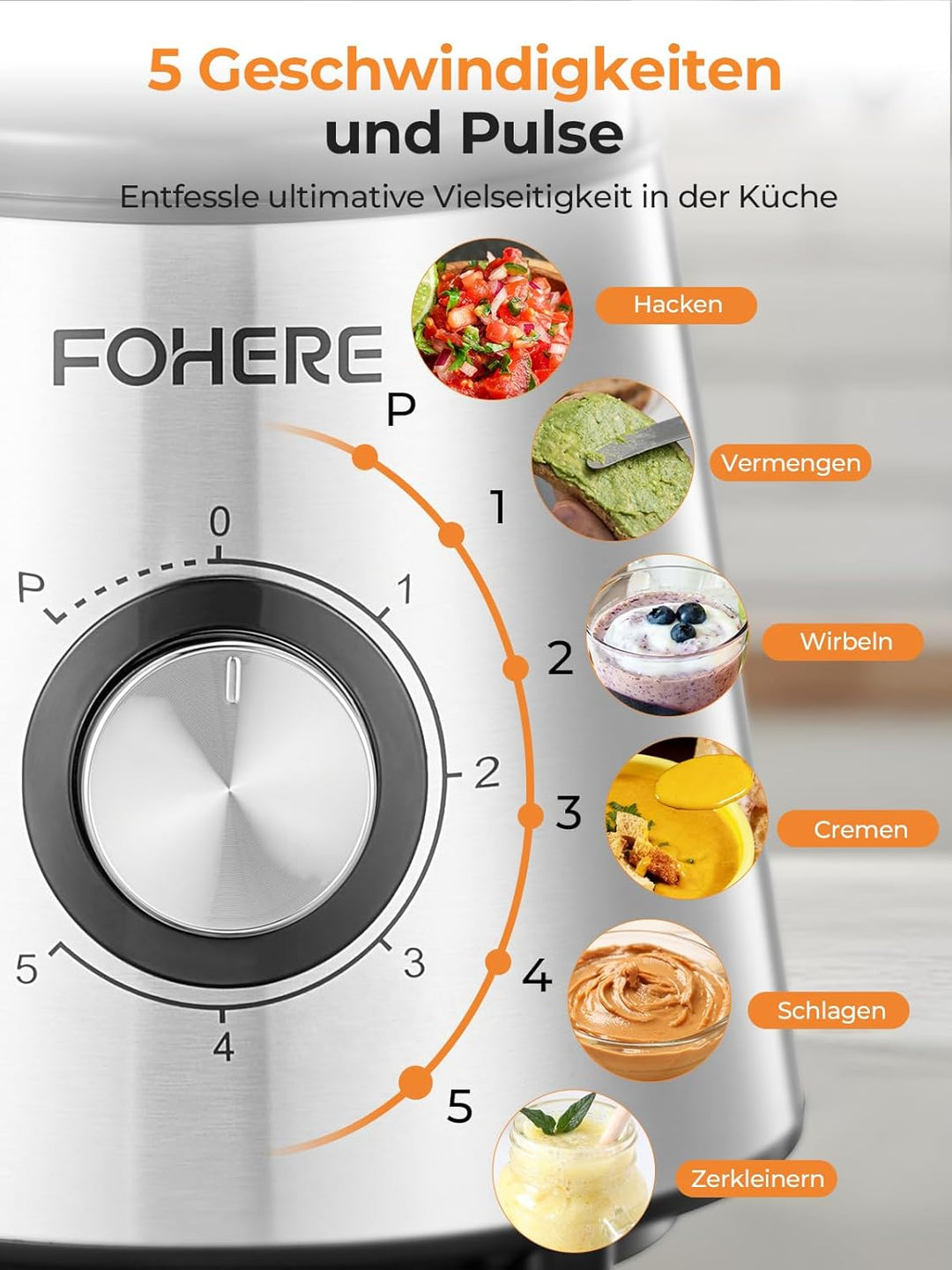 FOHERE Standmixer, 1100W Spitze, 1.5-Liter-Behälter, 5 Geschwindigkeitsstufe + Impulsfunktion, Mixer