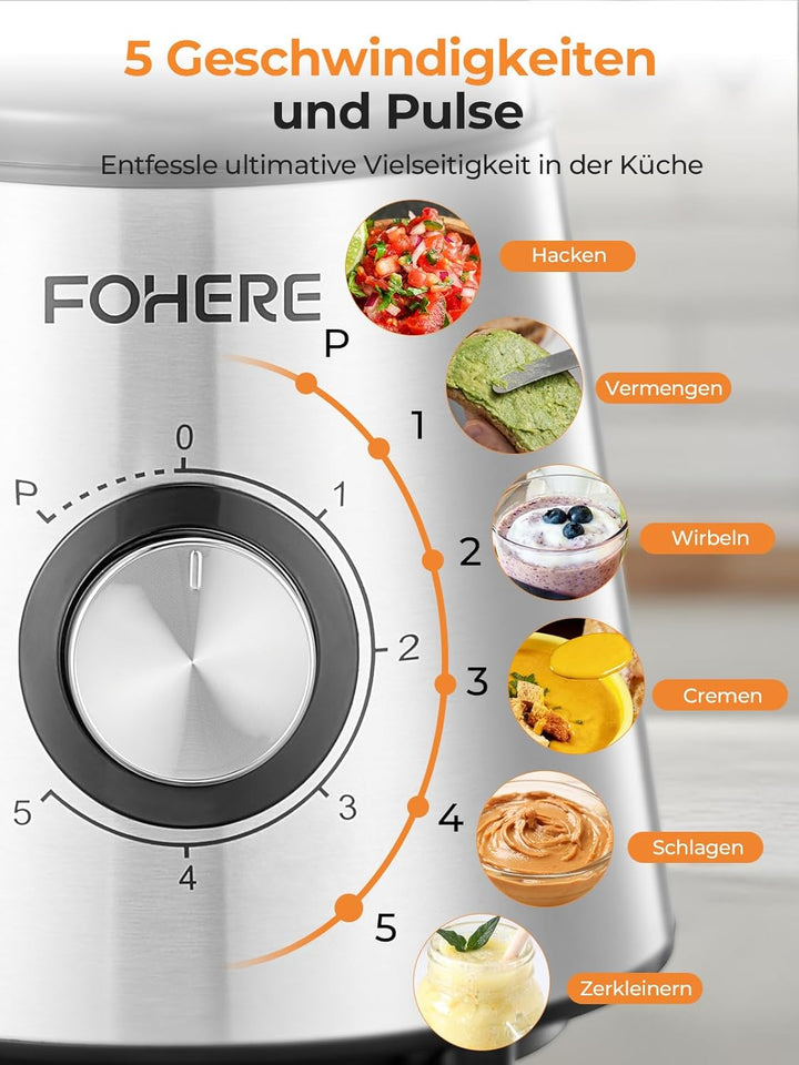 FOHERE Standmixer, 1100W Spitze, 1.5-Liter-Behälter, 5 Geschwindigkeitsstufe + Impulsfunktion, Mixer