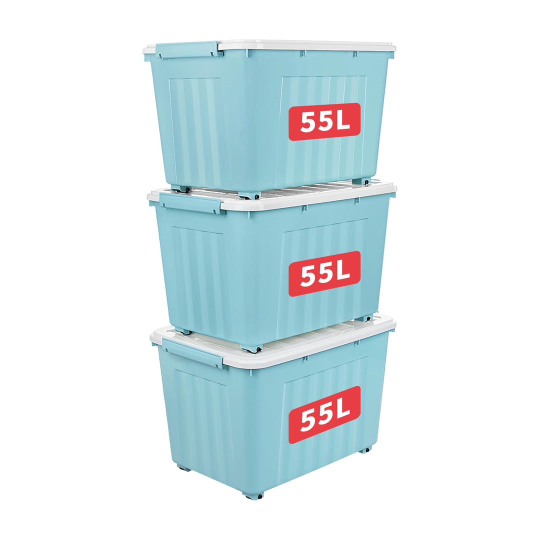 Cetomo,55L,3er-Pack, Aufbewahrungsbox mit deckel,Aufbewahrungsboxen, mit Clips, stapelbar, Wohnzimme