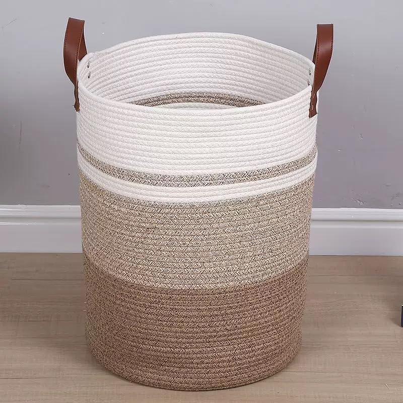 Grosser Wäschekorb aus Baumwollseil, 63L Kapazität, 50 x 40 cm, Weiss-Beige mit Ledergriffen (YM), Y