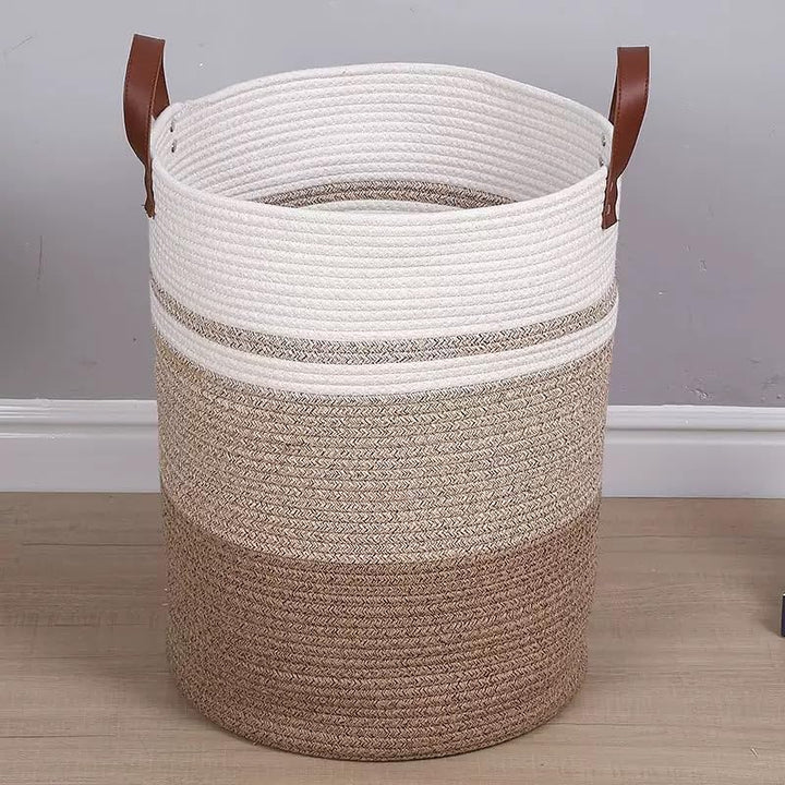 Grosser Wäschekorb aus Baumwollseil, 63L Kapazität, 50 x 40 cm, Weiss-Beige mit Ledergriffen (YM), Y