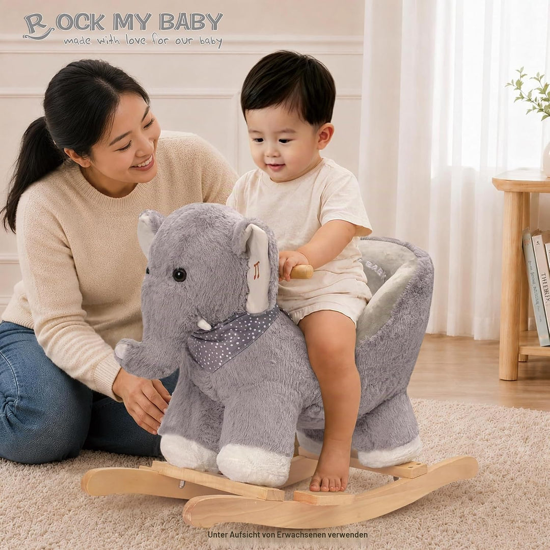 Plüsch Rocking Horse - weicher gefüllter Körper, Sicherheitssitz Stuhl, Holz Rockers, Musikknopf - K