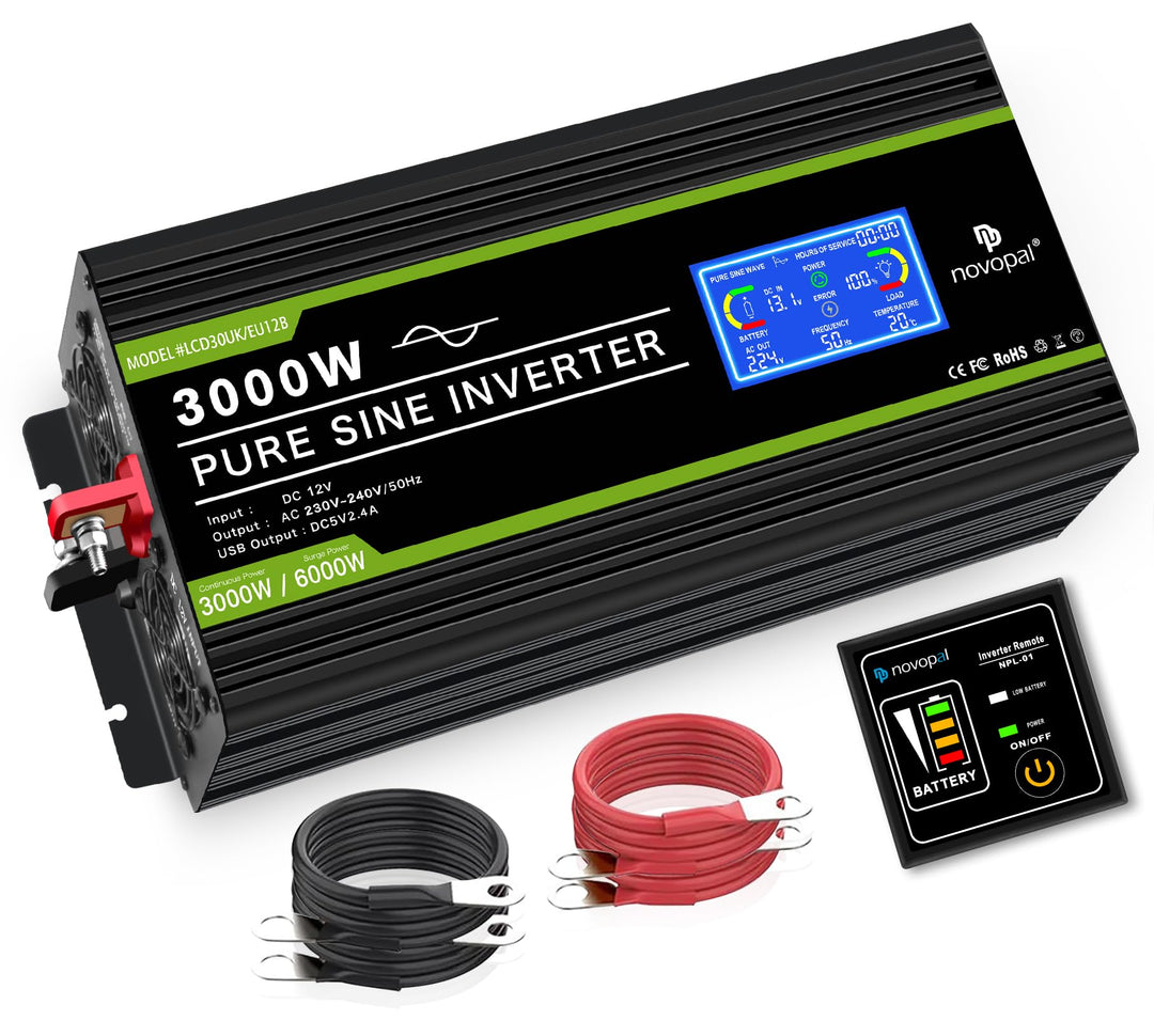 NOVOPAL 3000W Kfz Wechselrichter Spannungswandler 12v 230v Reiner Sinus mit LCD-Display und USB-Ansc