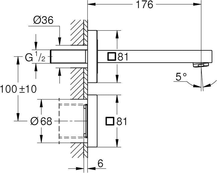 Grohe Eurocube E, Badarmatur - Elektronische Waschtischarmatur, 230 V, ohne Ablaufgarnitur, Wandmont