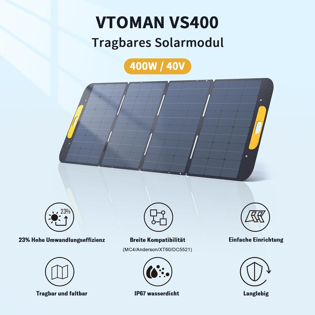 VTOMAN VS400 tragbares Solarpanel 400W, 40V, 23% Effizienz, faltbares Solarpanel mit IP67 wasserdich