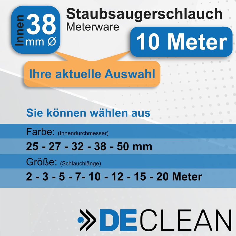 DeClean Staubsaugerschlauch Meterware 38mm Innen Ø, Schlauch für Haushalts-Staubsauger, Industriesau