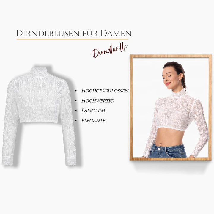 Dirndlwelle Dirndlbluse Hochgeschlossen,Exklusive Trachtenmode Dirndlbluse Langarm Dirndlbluse Weiss
