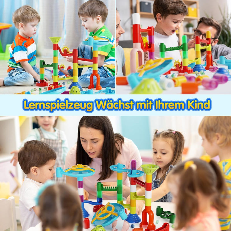 Murmelbahn Kinderspiel - 110PCS Mehrfarbige Kugelbahn Marble Run Set mit Spannende Bahnelementen und