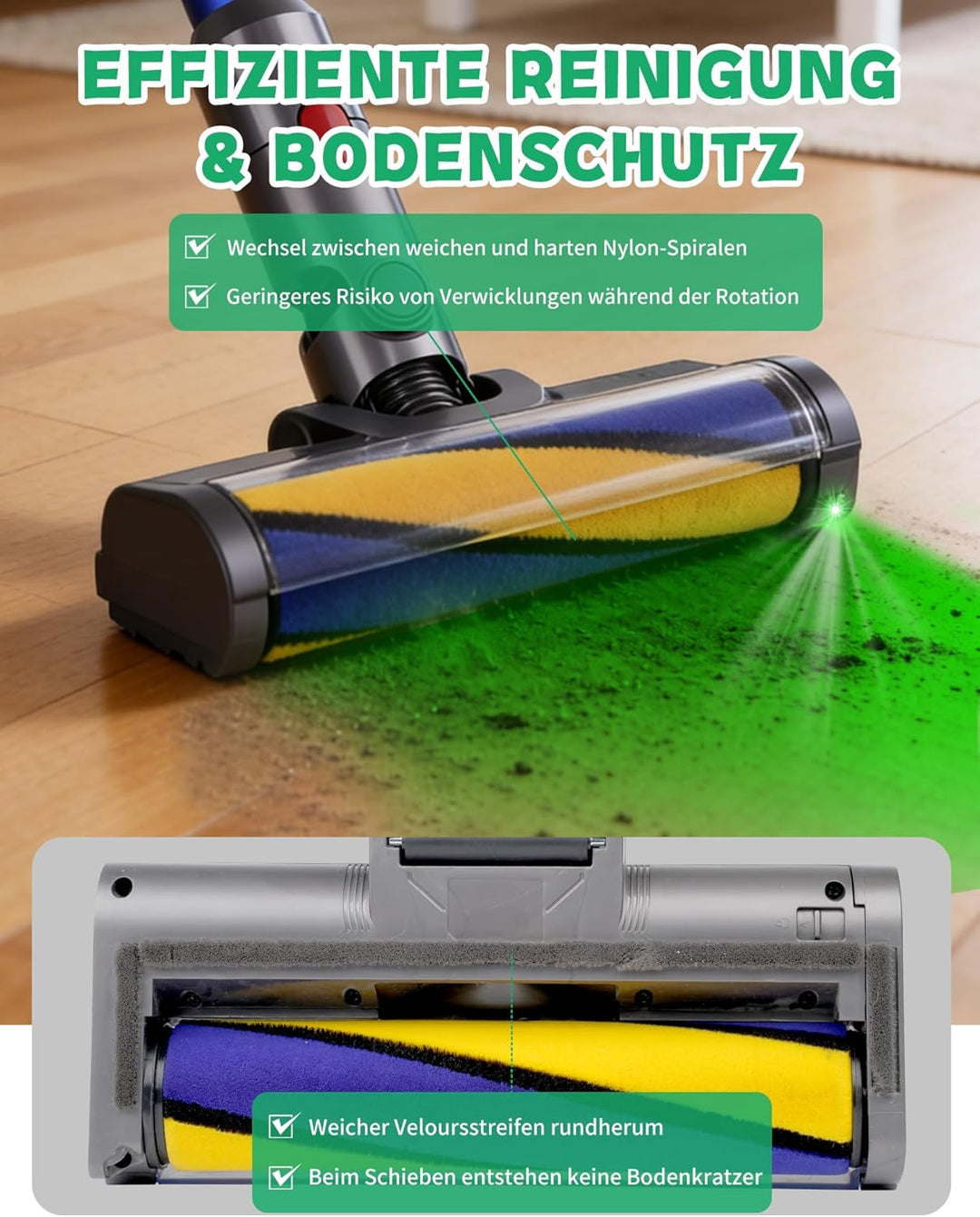 Bürste Kompatibel Mit Dyson V7 V8 V10 V11 V15 Staubsaugerbürstenkopf, Ausgestattet Mit Grünem Laserl