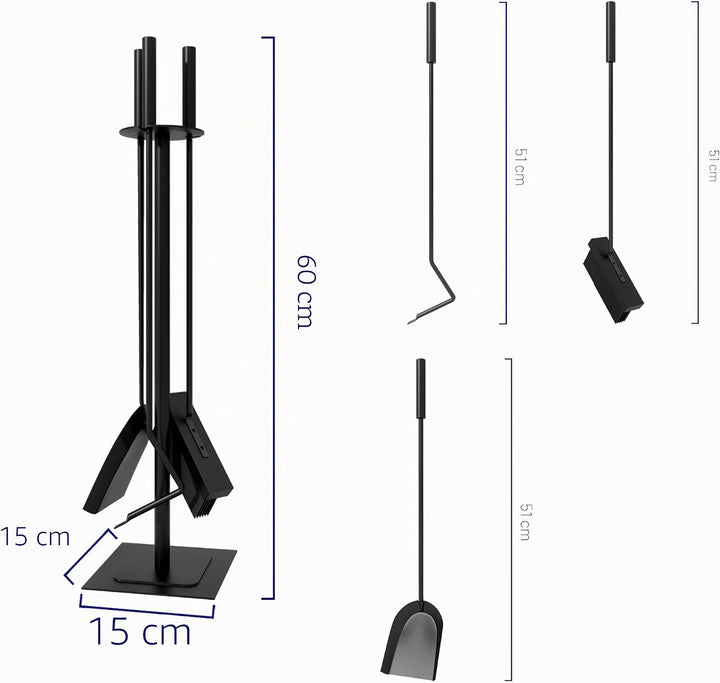 Kingson Kaminzubehör mit Bürste, Schürhaken und Schaufel, Kaminbegleiter-Set, 15 x 15 x 60 cm, 4-tei