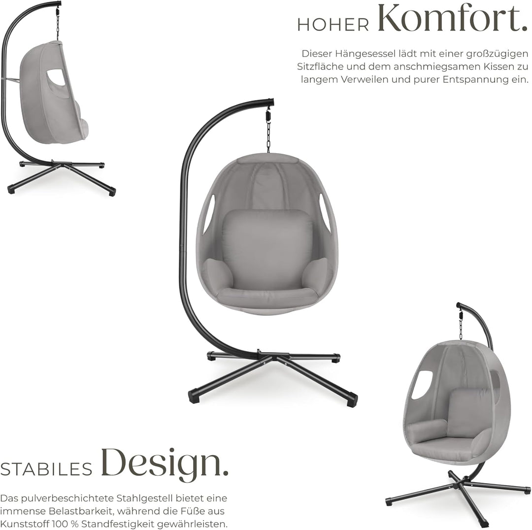 tectake® Hängesessel mit Gestell, Indoor oder Outdoor, Schaukel Sessel mit Kissen + Rückenkissen, Sc