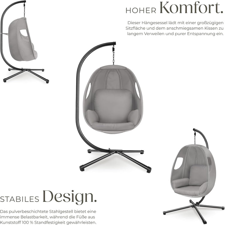 tectake® Hängesessel mit Gestell, Indoor oder Outdoor, Schaukel Sessel mit Kissen + Rückenkissen, Sc