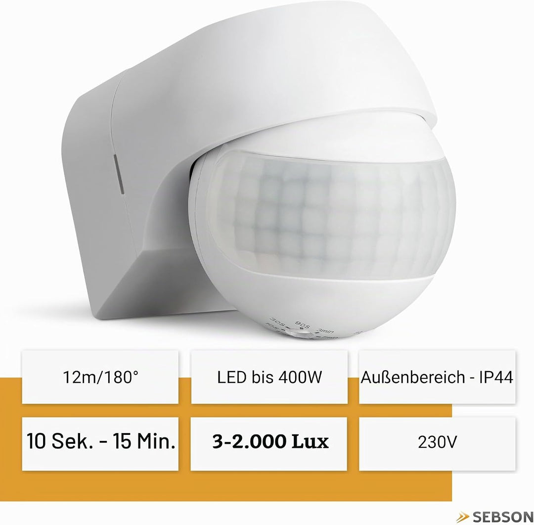 SEBSON® Bewegungsmelder Aussen IP44 Aufputz - 4er Set - Wand Montage, programmierbar, IR Sensor, Rei