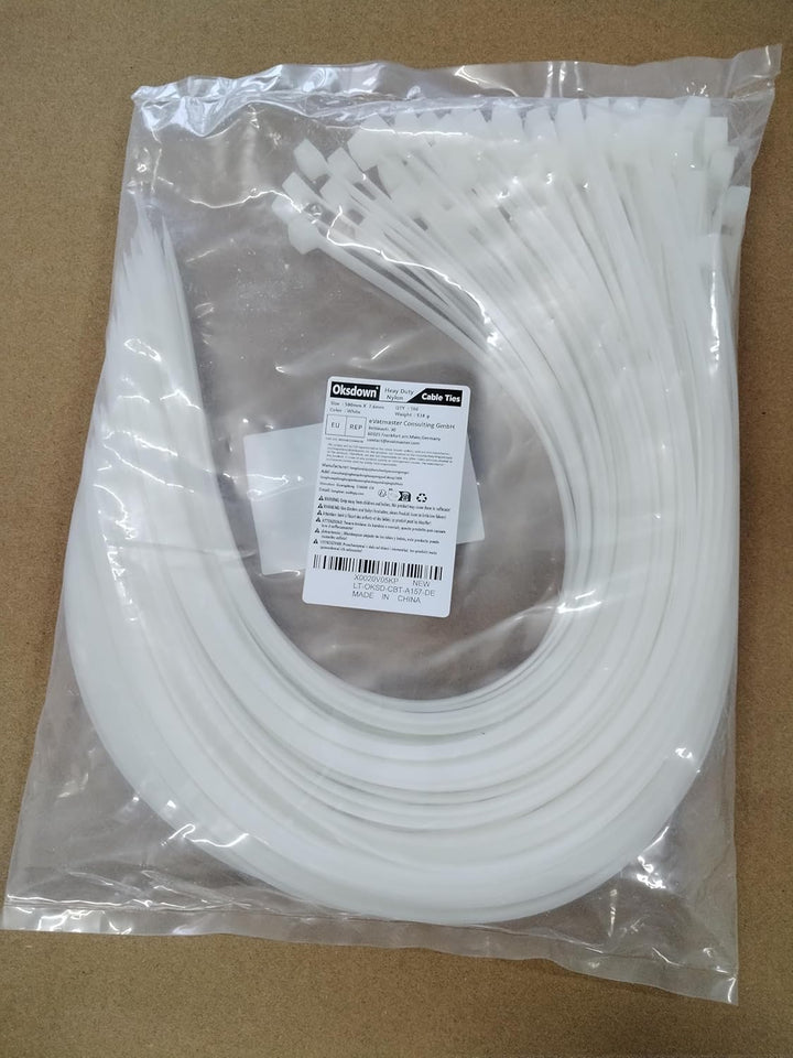 Oksdown 500mm × 7,6mm Breit 100 Stück Stark Kabelbinder mit 55 kg Zugfestigkeit weiss UV-Beständig G