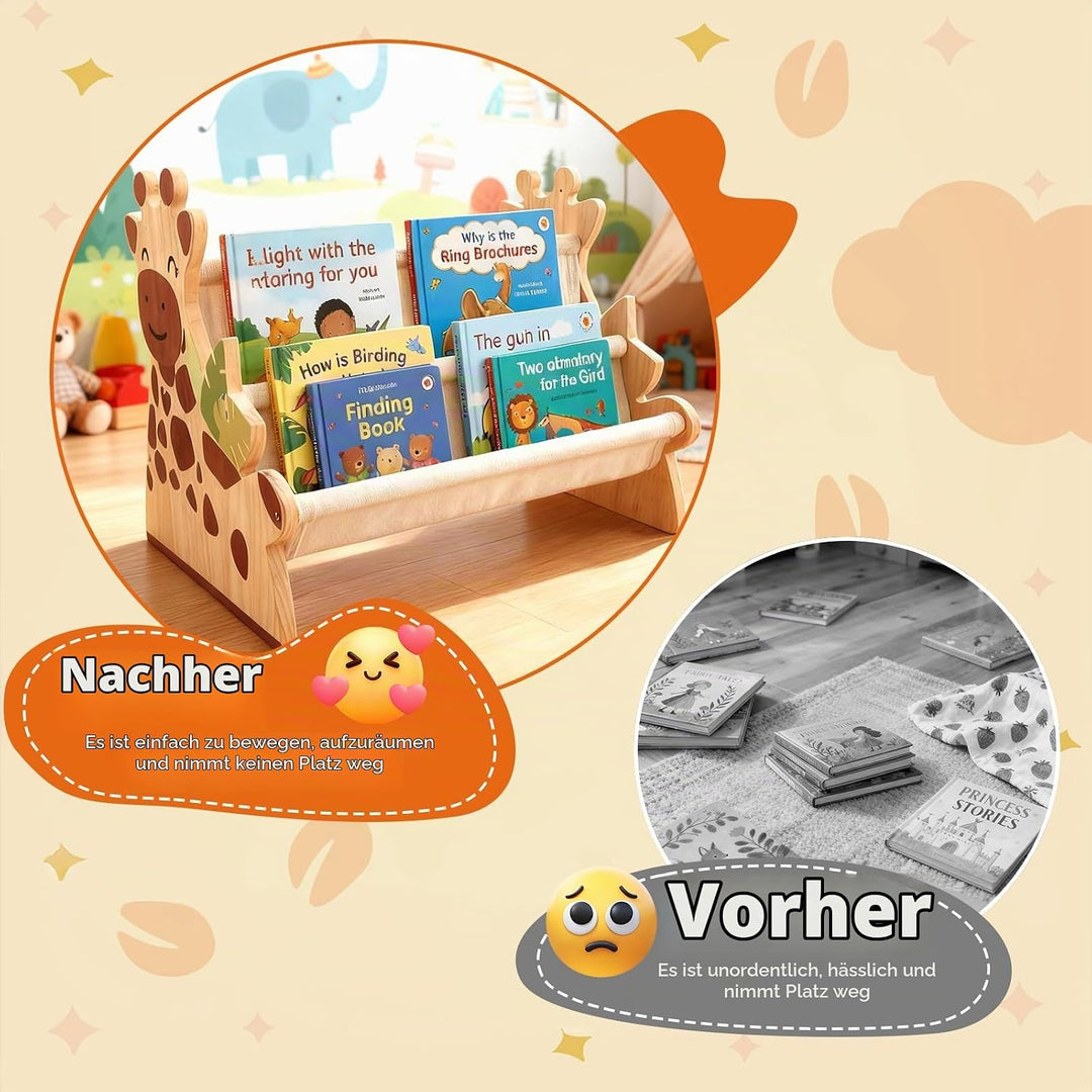 Bücherregal Kinder, Montessori Kinder Buchständer aus Holz mit 4 Ablagen, Kinderregal für Buchaufbew