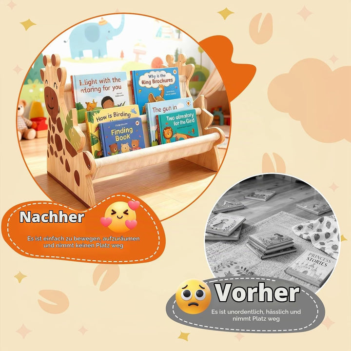 Bücherregal Kinder, Montessori Kinder Buchständer aus Holz mit 4 Ablagen, Kinderregal für Buchaufbew