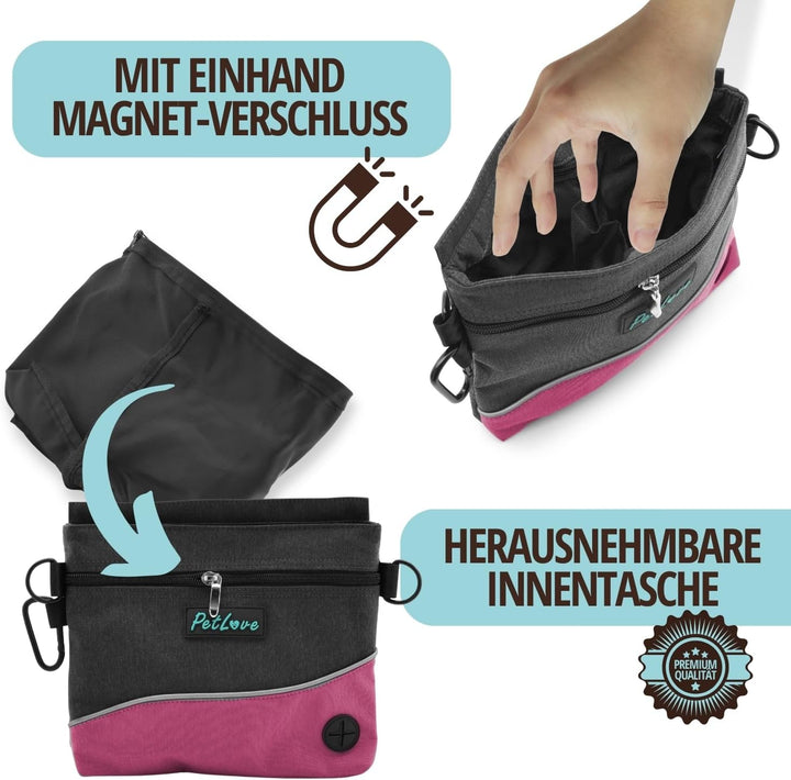 PetLove Leckerlibeutel für Hunde • Futterbeutel mit Magnetverschluss • Inklusive Kotbeutelspender &