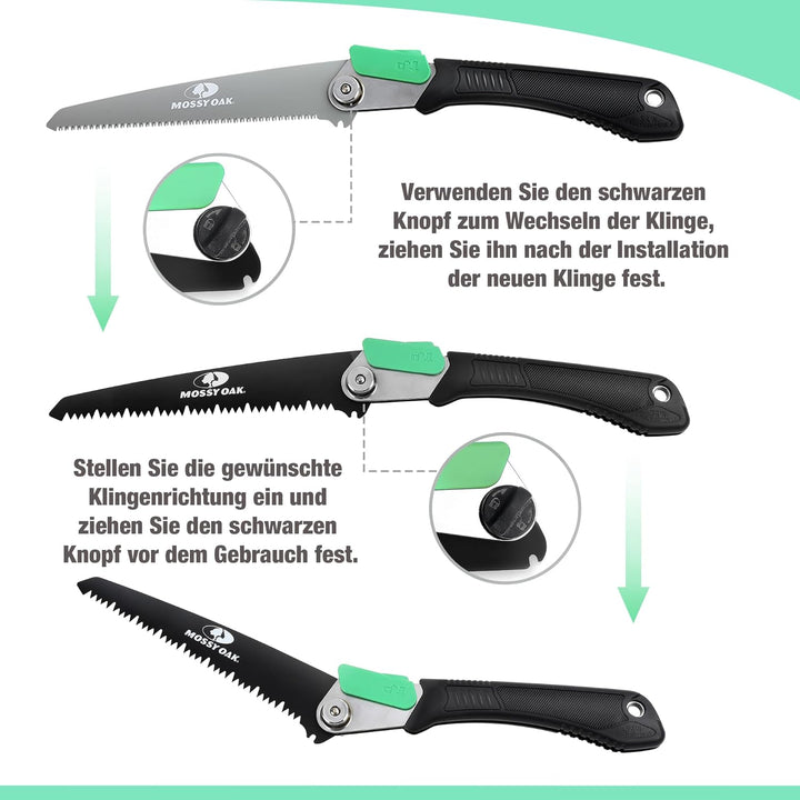 Mossy Oak 3 in 1 Handsäge Astsäge klappbar inkl. 3 scharfe Klingen aus Cr-V, Multifunktions Klappsäg