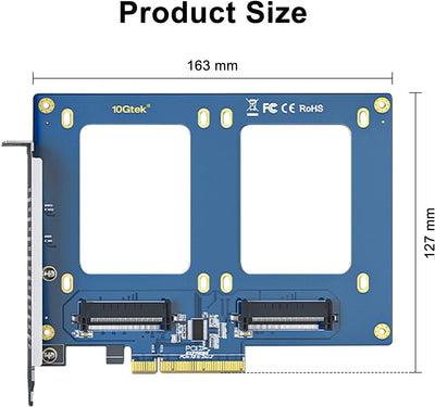 10Gtek PCIe 3.0 to (2) U.2 SFF-8639 Adapter, X8, for 2.5’’ U.2 NVMe SSD or 2.5" SATA SSD PCIe X8 to