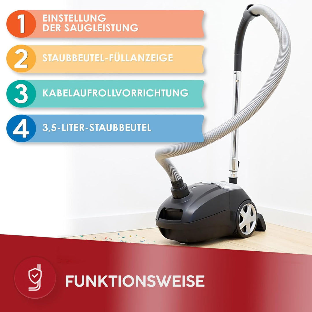 MPM Staubsauger mit Beutel MOD-54 – 5 Düsen - HEPA 13 Filter - 3,5L Staubbeutel - Teleskoprohr – Ide