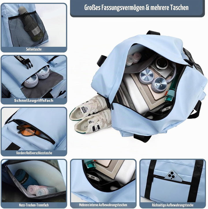 Sporttasche Damen Herren, Reisetasche mit Schuhfach, Trainingstasche mit Nassfach, wasserdichte Week