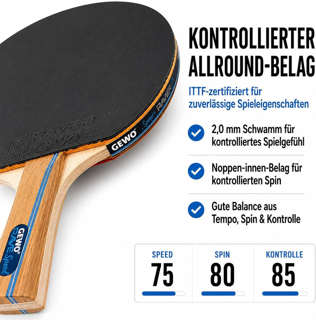 GEWO Rave Speed Tischtennisschläger Set - Kontrollierter Anfänger-Tischtennisschläger mit 3 Bällen -
