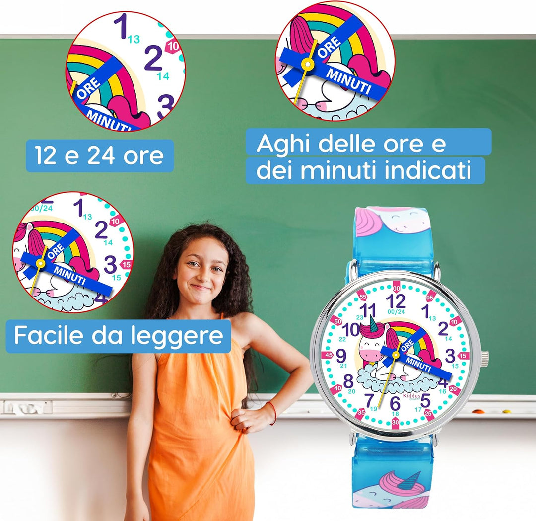 Kiddus Lern Armbanduhr für Kinder, Jungen und Mädchen. Analoge Armbanduhr mit Zeitlernübungen, japan