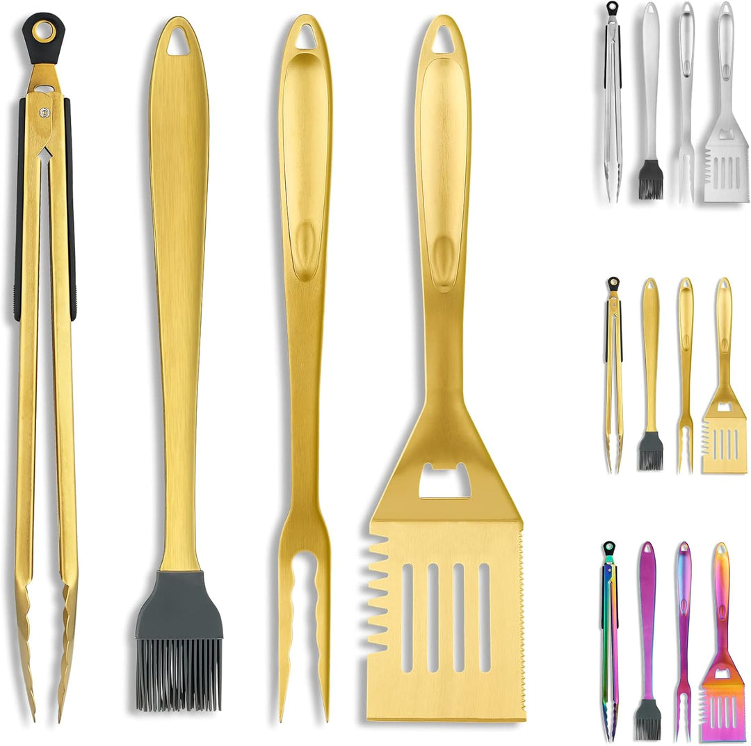 Kyraton Gold Grillbesteck Set 4TLG Kit, Grill Zubehör Set, Titan Gold Beschichtung Edelstahl mit Bak