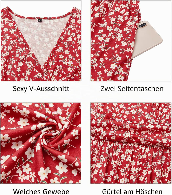 STYLEWORD Damen Sommerkleid Kurzarm V-Ausschnitt Kleider Blumenmuster Kleid Wickelkleid Mit Taschen