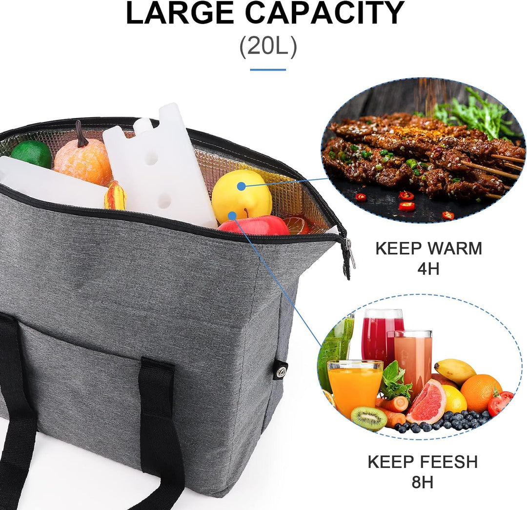 Grosse Kühltasche faltbar 20 L–Faltbare Einkaufstasche mit 2 Kühlboxen, Graue Picknicktasche mit Iso