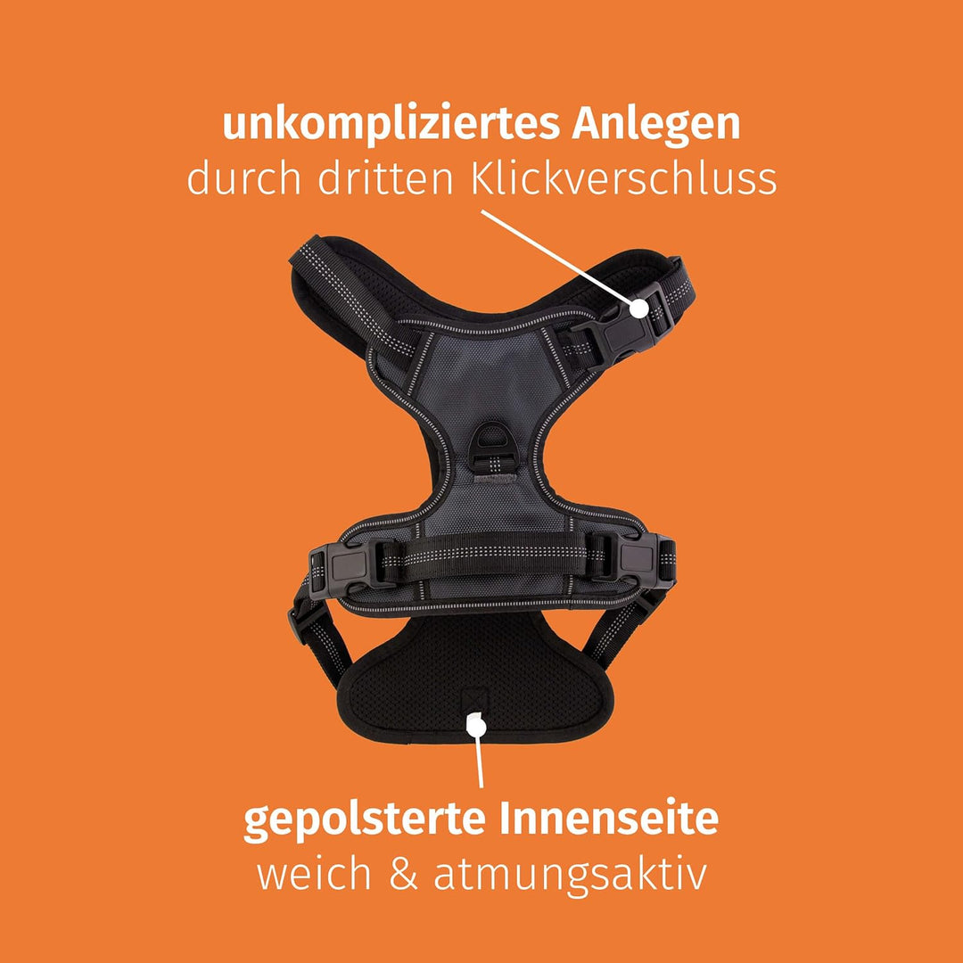 Floxik Hundegeschirr grau XL | Anti Zug Brustgeschirr reflektierend & gepolstert mit Haltegriff für